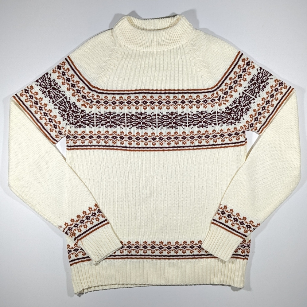 Vintage Kingsport 70s Sweater Fair Isle Nordic Mens Size Large Acrylic Cream